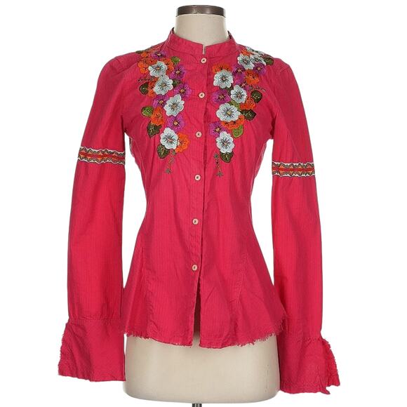 Johnny Was 3J WORKSHOP red floral embroidered button up down boho shirt top Sz S - Picture 1 of 8